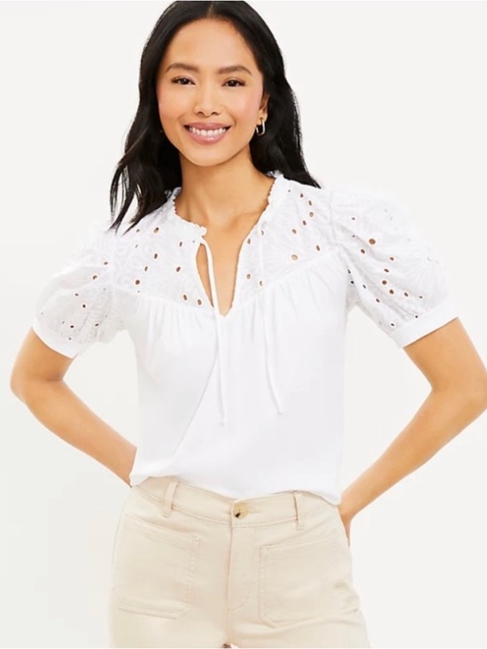 LOFT Tops - LOFT White Eyelet Tie-Neck Puff Sleeve Top